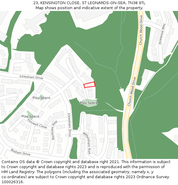 23, KENSINGTON CLOSE, ST LEONARDS-ON-SEA, TN38 9TL: Location map and indicative extent of plot