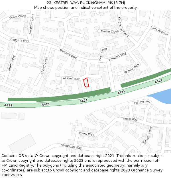 23, KESTREL WAY, BUCKINGHAM, MK18 7HJ: Location map and indicative extent of plot