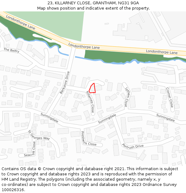 23, KILLARNEY CLOSE, GRANTHAM, NG31 9GA: Location map and indicative extent of plot