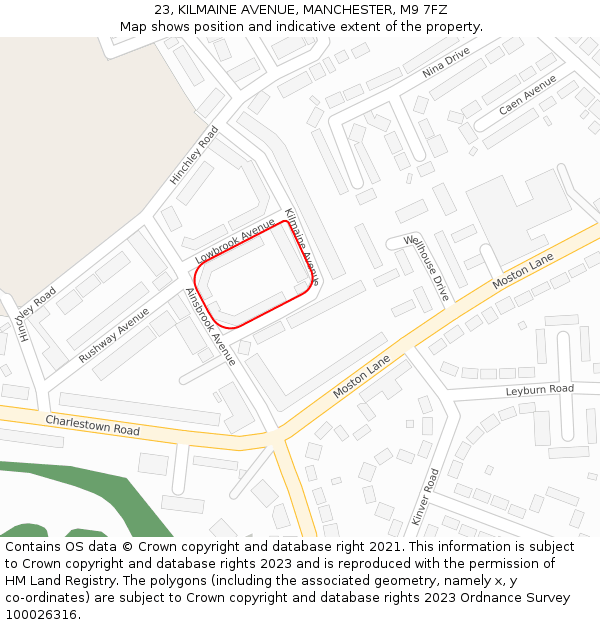 23, KILMAINE AVENUE, MANCHESTER, M9 7FZ: Location map and indicative extent of plot