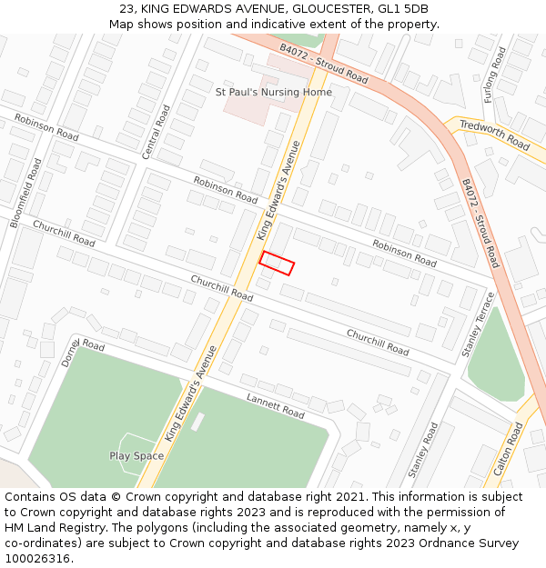 23, KING EDWARDS AVENUE, GLOUCESTER, GL1 5DB: Location map and indicative extent of plot