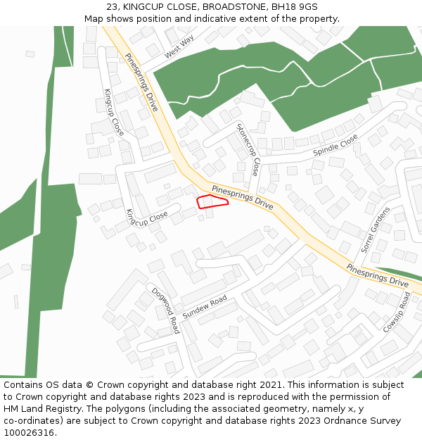 23, KINGCUP CLOSE, BROADSTONE, BH18 9GS: Location map and indicative extent of plot