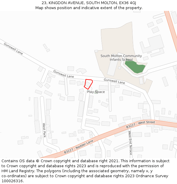 23, KINGDON AVENUE, SOUTH MOLTON, EX36 4GJ: Location map and indicative extent of plot