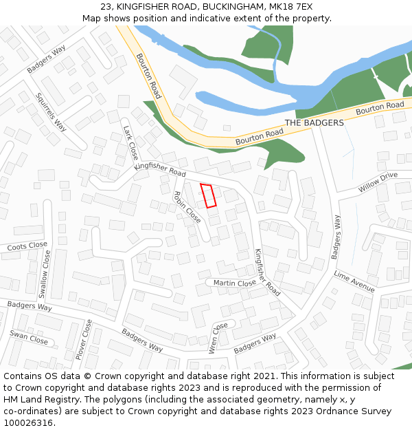 23, KINGFISHER ROAD, BUCKINGHAM, MK18 7EX: Location map and indicative extent of plot