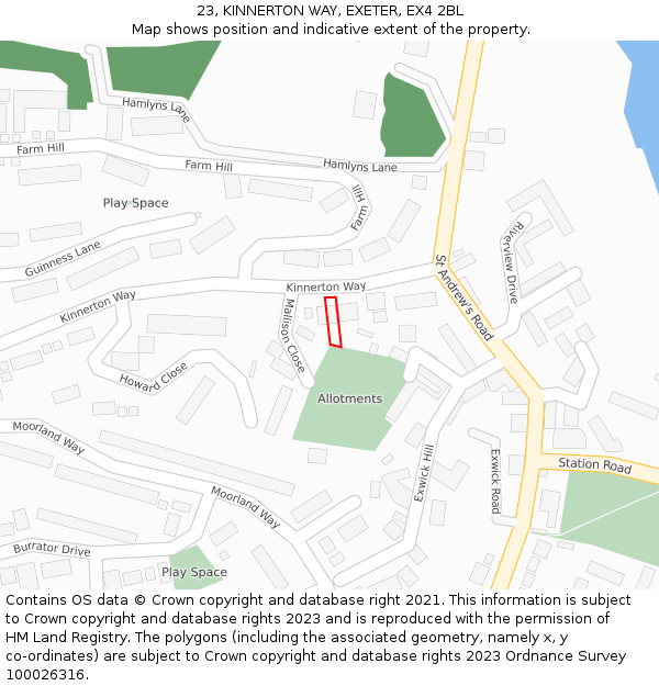 23, KINNERTON WAY, EXETER, EX4 2BL: Location map and indicative extent of plot