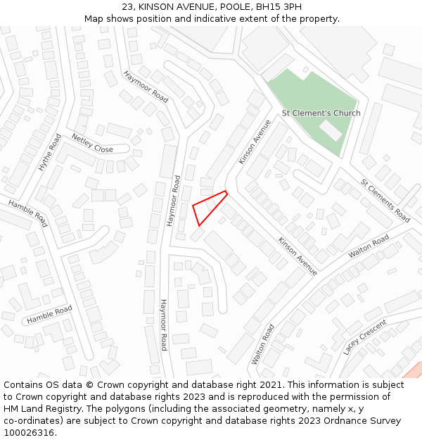 23, KINSON AVENUE, POOLE, BH15 3PH: Location map and indicative extent of plot