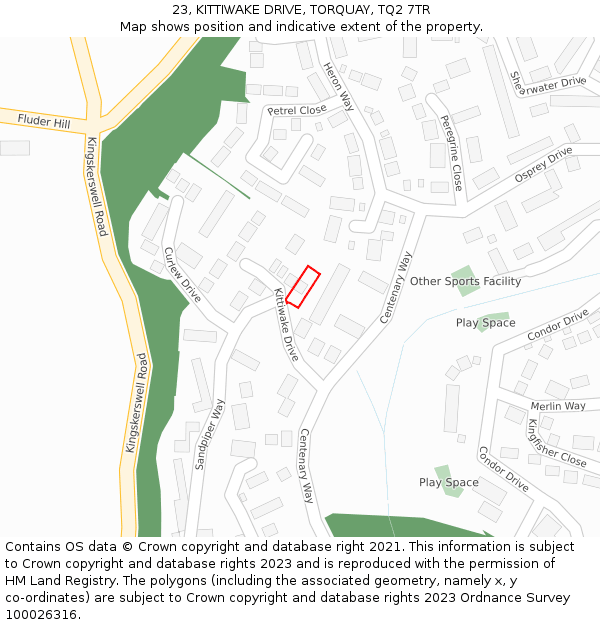 23, KITTIWAKE DRIVE, TORQUAY, TQ2 7TR: Location map and indicative extent of plot