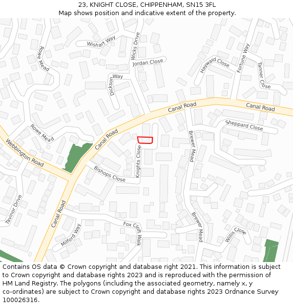 23, KNIGHT CLOSE, CHIPPENHAM, SN15 3FL: Location map and indicative extent of plot