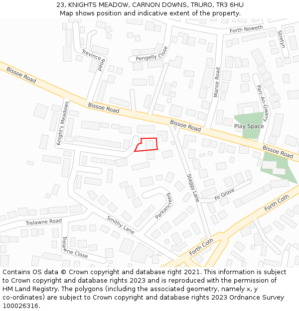 23, KNIGHTS MEADOW, CARNON DOWNS, TRURO, TR3 6HU: Location map and indicative extent of plot