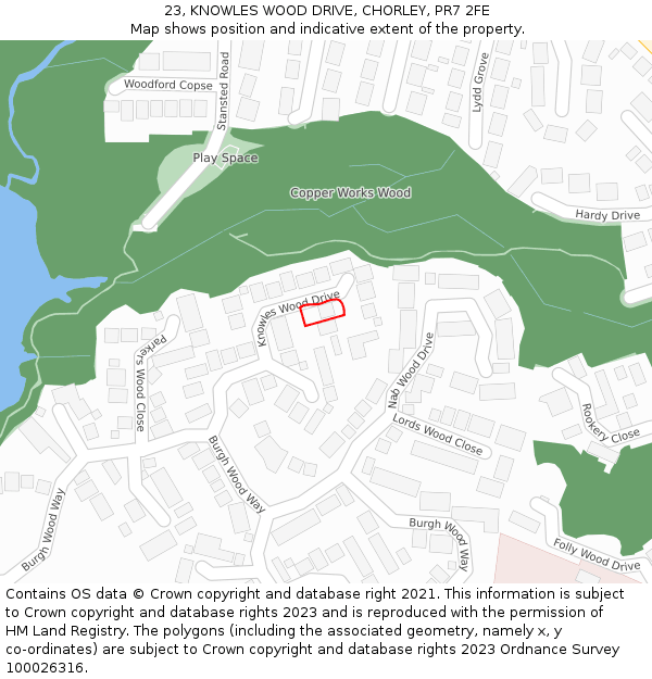 23, KNOWLES WOOD DRIVE, CHORLEY, PR7 2FE: Location map and indicative extent of plot