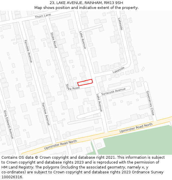 23, LAKE AVENUE, RAINHAM, RM13 9SH: Location map and indicative extent of plot