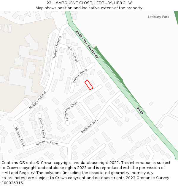 23, LAMBOURNE CLOSE, LEDBURY, HR8 2HW: Location map and indicative extent of plot