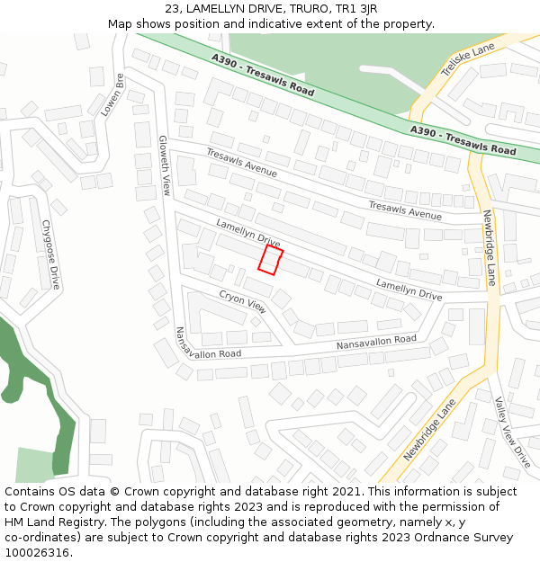 23, LAMELLYN DRIVE, TRURO, TR1 3JR: Location map and indicative extent of plot