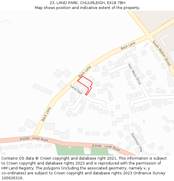 23, LAND PARK, CHULMLEIGH, EX18 7BH: Location map and indicative extent of plot