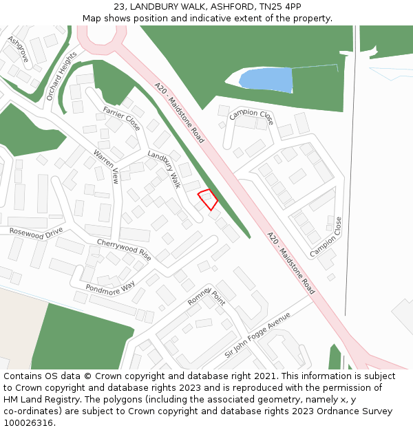 23, LANDBURY WALK, ASHFORD, TN25 4PP: Location map and indicative extent of plot
