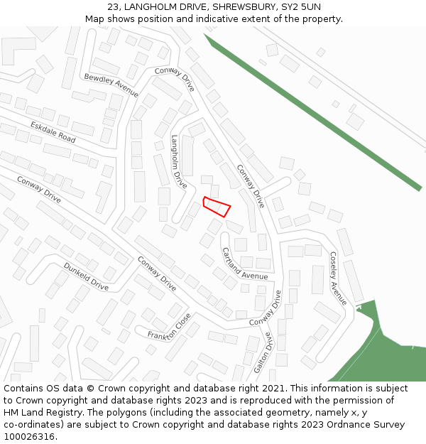 23, LANGHOLM DRIVE, SHREWSBURY, SY2 5UN: Location map and indicative extent of plot