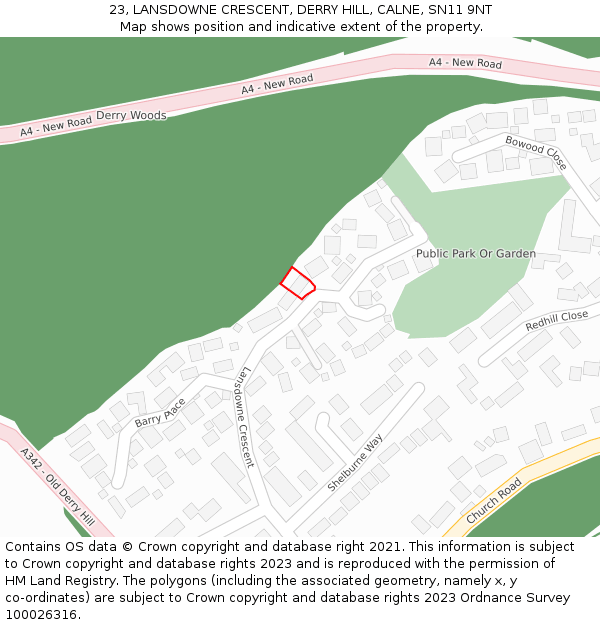 23, LANSDOWNE CRESCENT, DERRY HILL, CALNE, SN11 9NT: Location map and indicative extent of plot