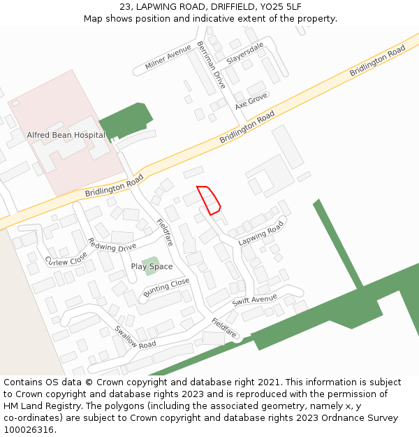 23, LAPWING ROAD, DRIFFIELD, YO25 5LF: Location map and indicative extent of plot