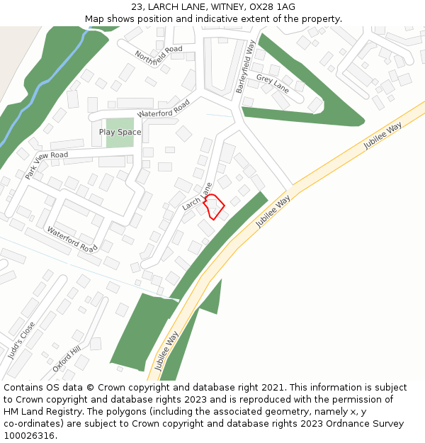 23, LARCH LANE, WITNEY, OX28 1AG: Location map and indicative extent of plot