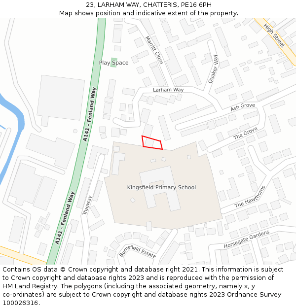 23, LARHAM WAY, CHATTERIS, PE16 6PH: Location map and indicative extent of plot