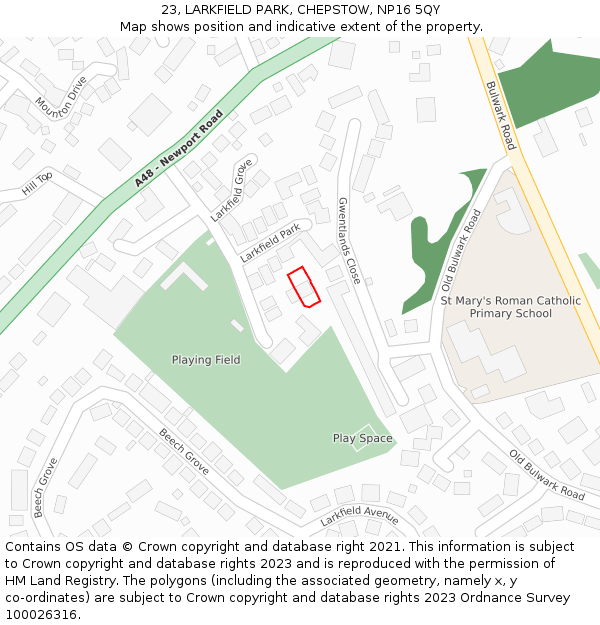 23, LARKFIELD PARK, CHEPSTOW, NP16 5QY: Location map and indicative extent of plot