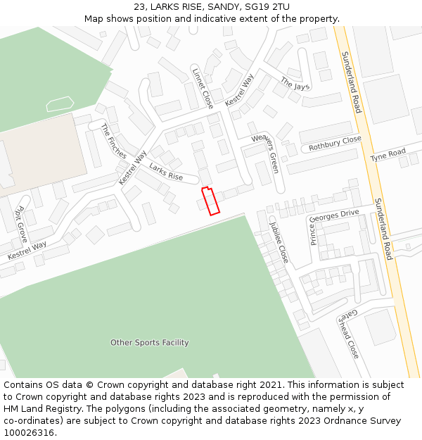 23, LARKS RISE, SANDY, SG19 2TU: Location map and indicative extent of plot