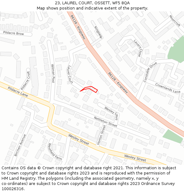 23, LAUREL COURT, OSSETT, WF5 8QA: Location map and indicative extent of plot