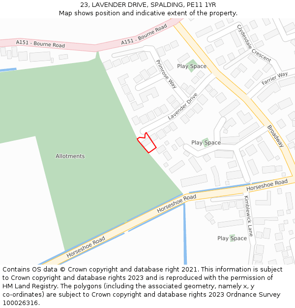 23, LAVENDER DRIVE, SPALDING, PE11 1YR: Location map and indicative extent of plot