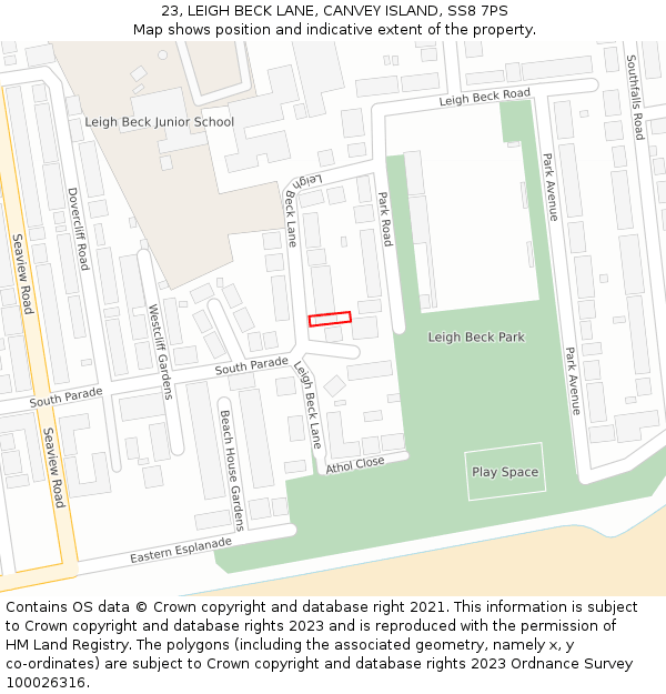 23, LEIGH BECK LANE, CANVEY ISLAND, SS8 7PS: Location map and indicative extent of plot