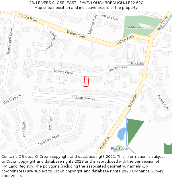 23, LEIVERS CLOSE, EAST LEAKE, LOUGHBOROUGH, LE12 6PQ: Location map and indicative extent of plot