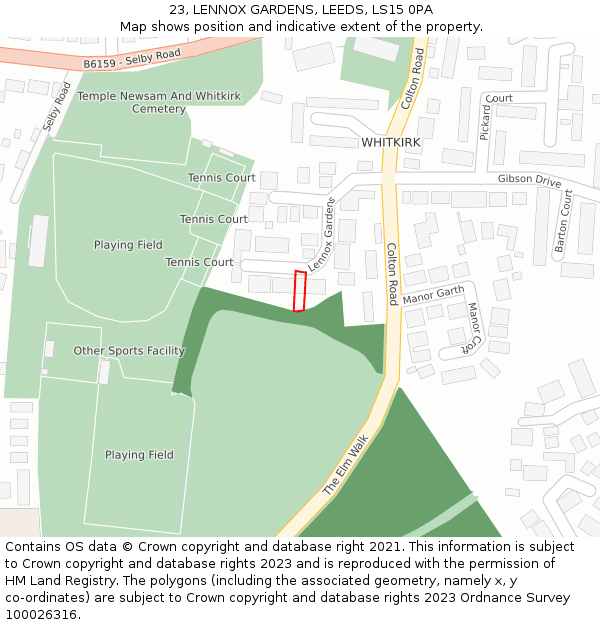 23, LENNOX GARDENS, LEEDS, LS15 0PA: Location map and indicative extent of plot