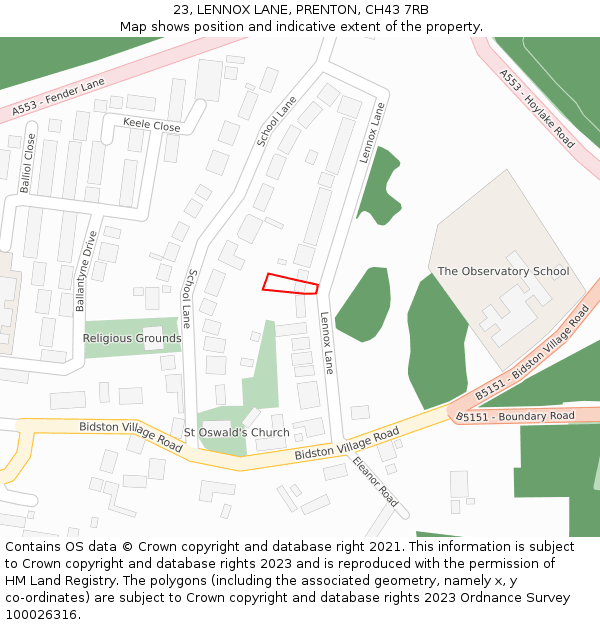 23, LENNOX LANE, PRENTON, CH43 7RB: Location map and indicative extent of plot