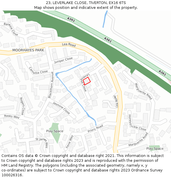 23, LEVERLAKE CLOSE, TIVERTON, EX16 6TS: Location map and indicative extent of plot