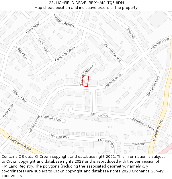 23, LICHFIELD DRIVE, BRIXHAM, TQ5 8DN: Location map and indicative extent of plot
