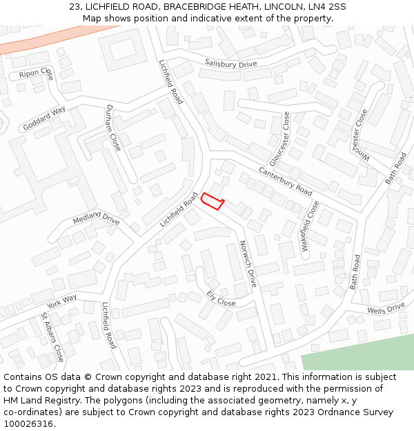 23, LICHFIELD ROAD, BRACEBRIDGE HEATH, LINCOLN, LN4 2SS: Location map and indicative extent of plot