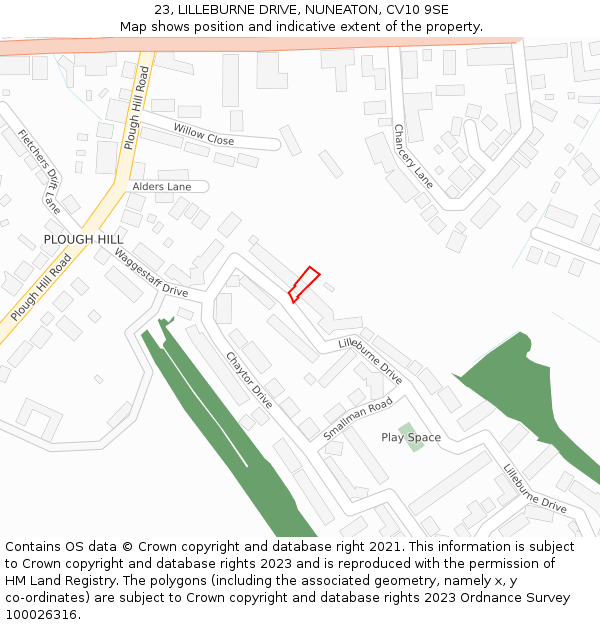 23, LILLEBURNE DRIVE, NUNEATON, CV10 9SE: Location map and indicative extent of plot