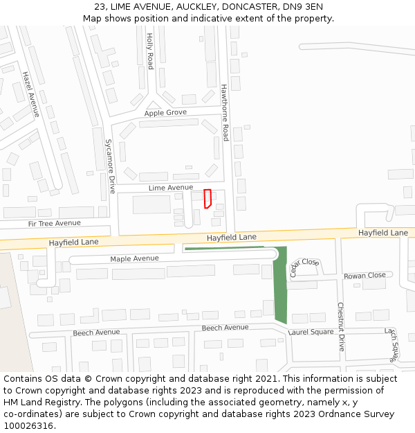 23, LIME AVENUE, AUCKLEY, DONCASTER, DN9 3EN: Location map and indicative extent of plot