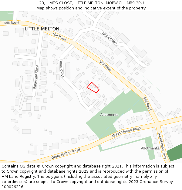 23, LIMES CLOSE, LITTLE MELTON, NORWICH, NR9 3PU: Location map and indicative extent of plot