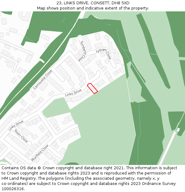 23, LINKS DRIVE, CONSETT, DH8 5XD: Location map and indicative extent of plot