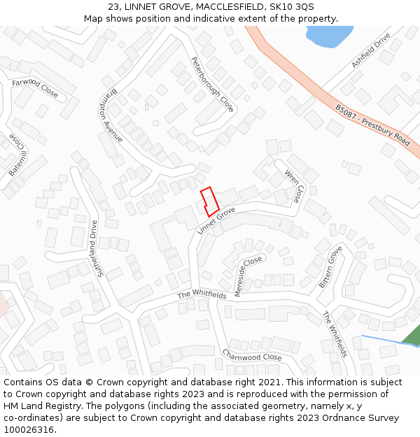 23, LINNET GROVE, MACCLESFIELD, SK10 3QS: Location map and indicative extent of plot