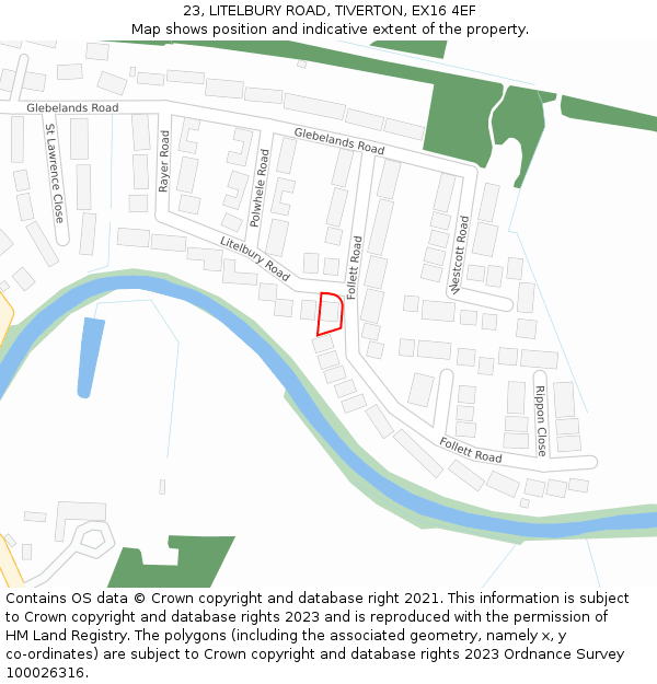 23, LITELBURY ROAD, TIVERTON, EX16 4EF: Location map and indicative extent of plot