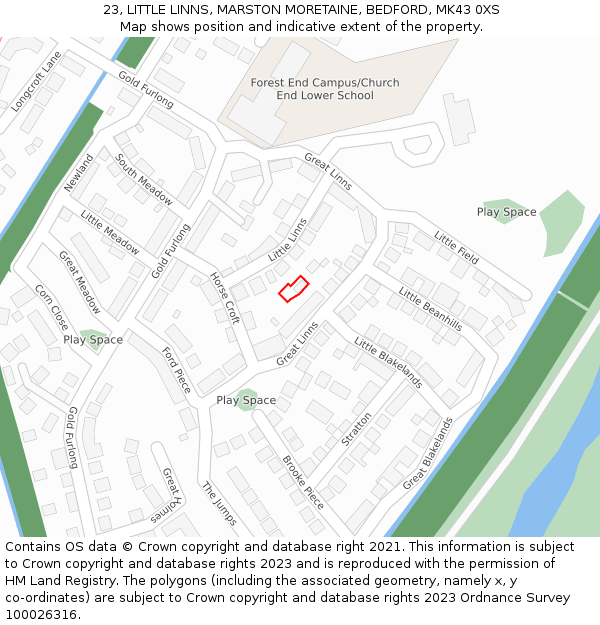 23, LITTLE LINNS, MARSTON MORETAINE, BEDFORD, MK43 0XS: Location map and indicative extent of plot