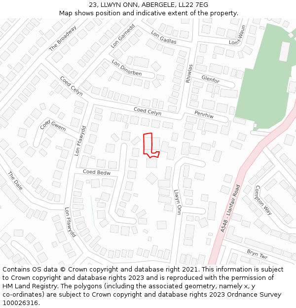 23, LLWYN ONN, ABERGELE, LL22 7EG: Location map and indicative extent of plot