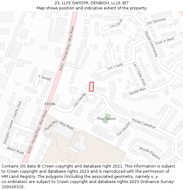 23, LLYS GWYDYR, DENBIGH, LL16 3ET: Location map and indicative extent of plot