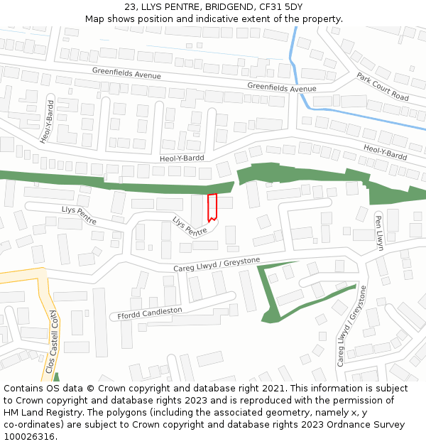 23, LLYS PENTRE, BRIDGEND, CF31 5DY: Location map and indicative extent of plot