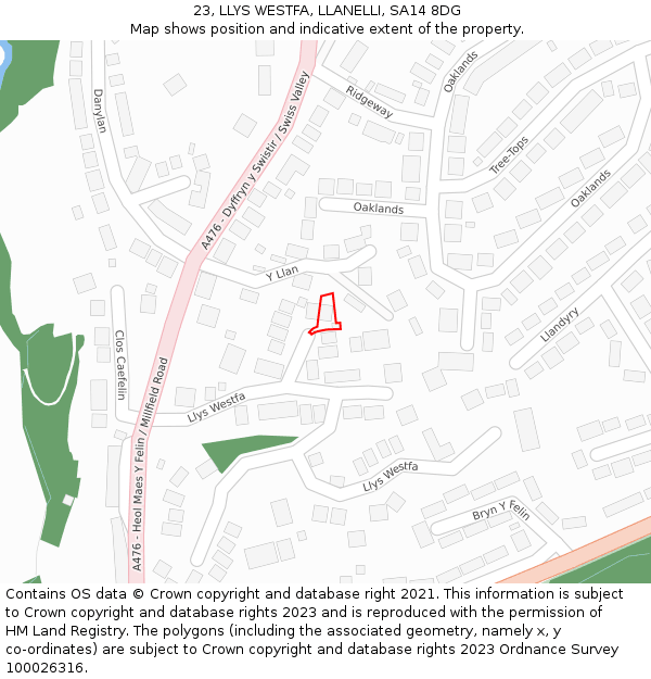 23, LLYS WESTFA, LLANELLI, SA14 8DG: Location map and indicative extent of plot