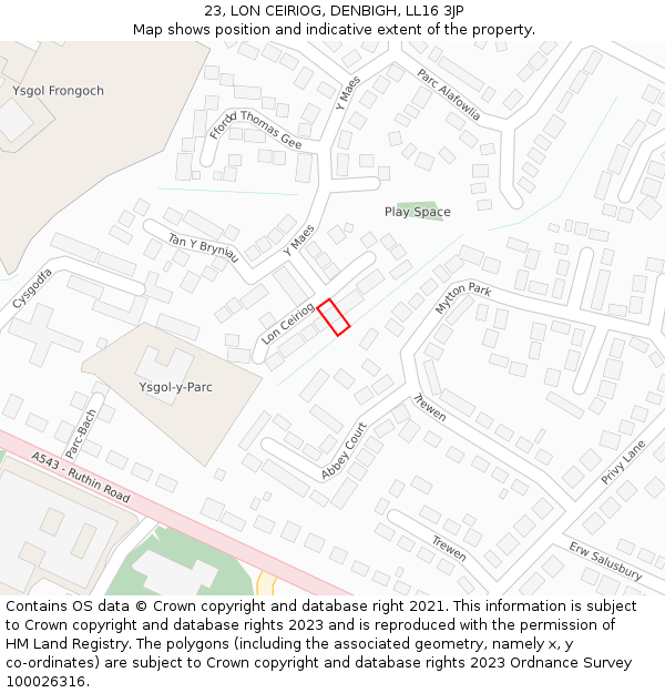 23, LON CEIRIOG, DENBIGH, LL16 3JP: Location map and indicative extent of plot
