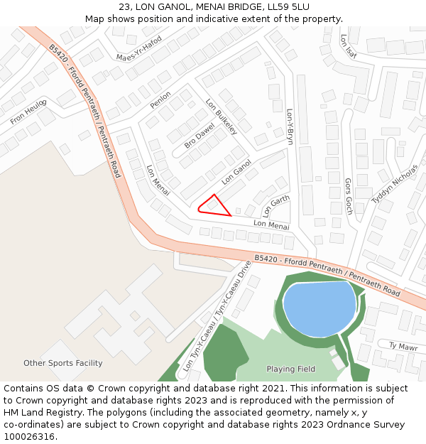 23, LON GANOL, MENAI BRIDGE, LL59 5LU: Location map and indicative extent of plot