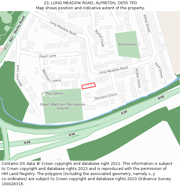 23, LONG MEADOW ROAD, ALFRETON, DE55 7PD: Location map and indicative extent of plot