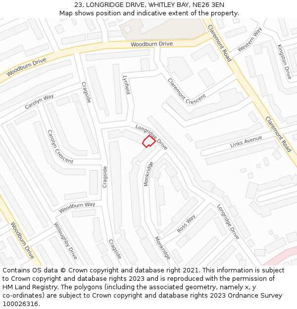 23, LONGRIDGE DRIVE, WHITLEY BAY, NE26 3EN: Location map and indicative extent of plot